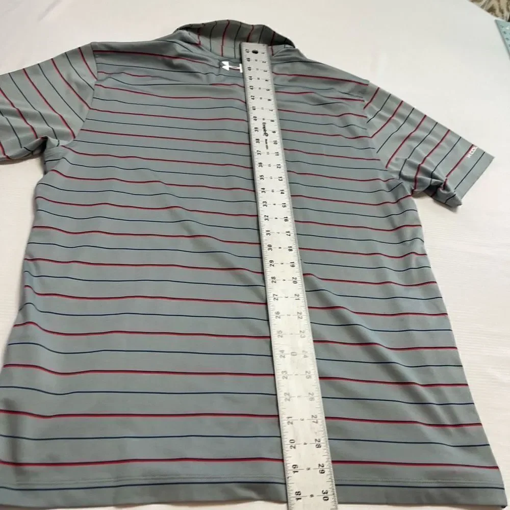 Under Armour Loose Heat Gear Grey Red Blue Stripe Short Sleeve Polo Shirt Size L